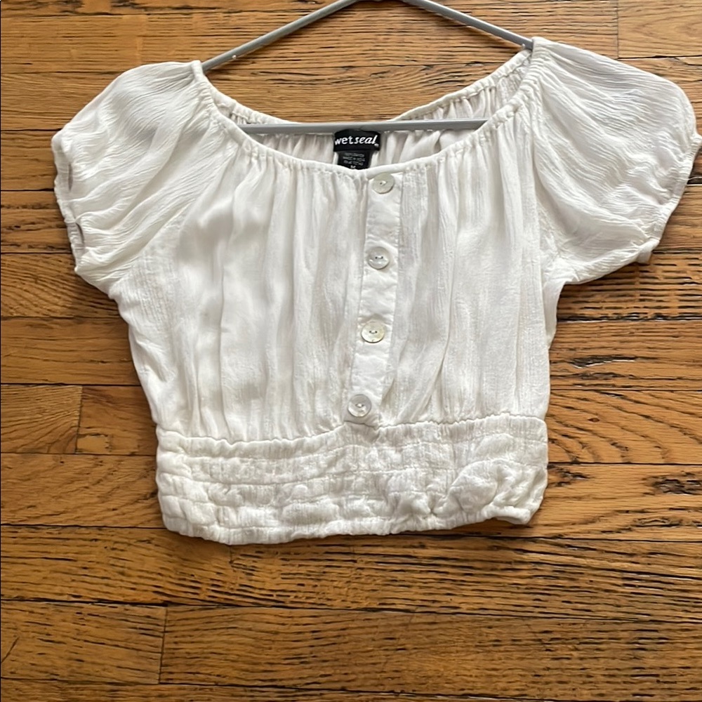 Wet Seal White Smocked Puff Sleeve Crop Top